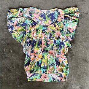 Pink and Green Ruffled Flutter Sleeve Blouse